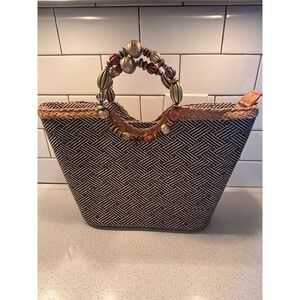 Cappelli Straworld Woven Chevron Tote Bag Beaded Handle Black Natural Handbag